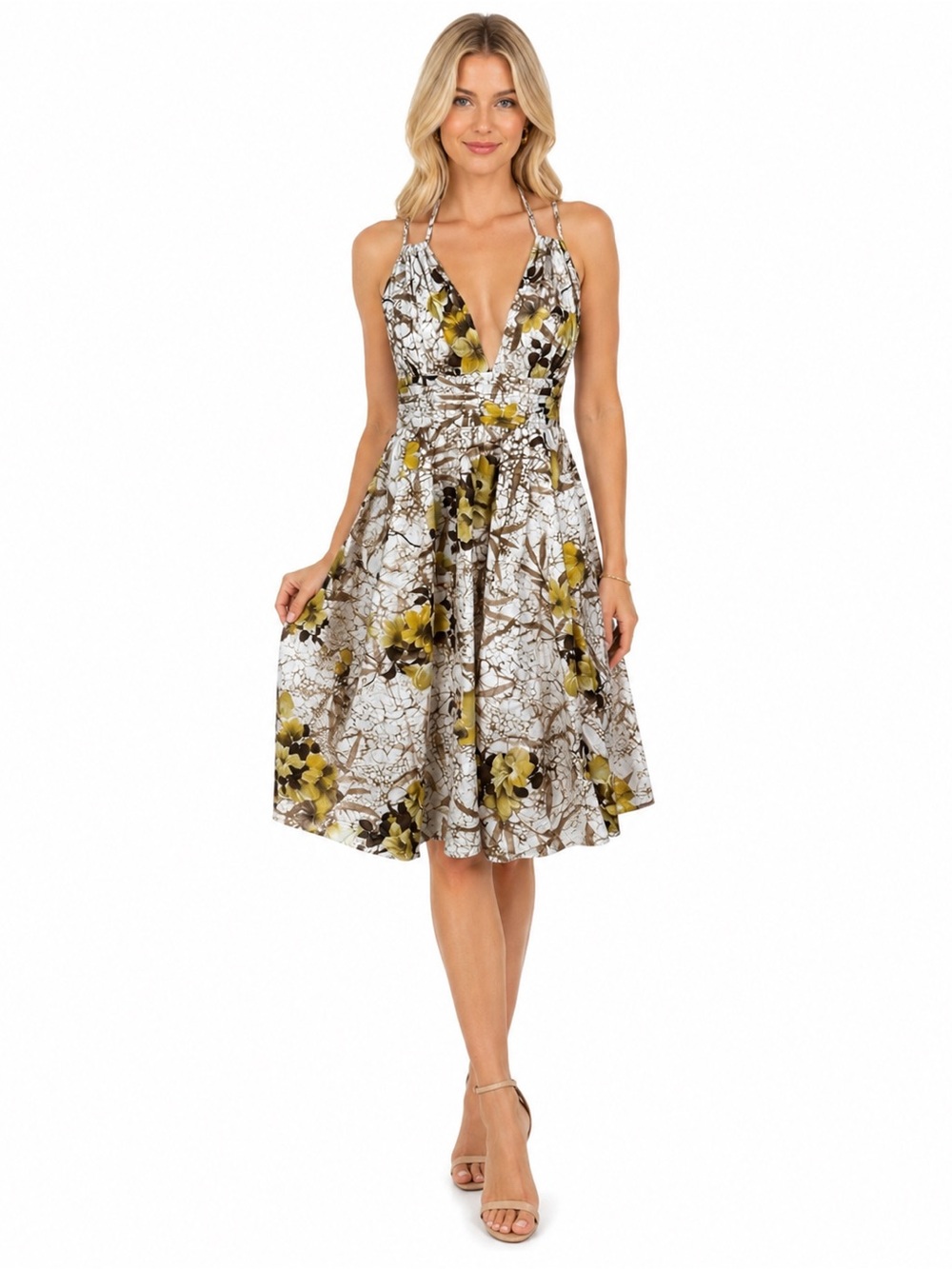 Lapis Yellow Floral Halter Cotton Backless Summer Dress Small